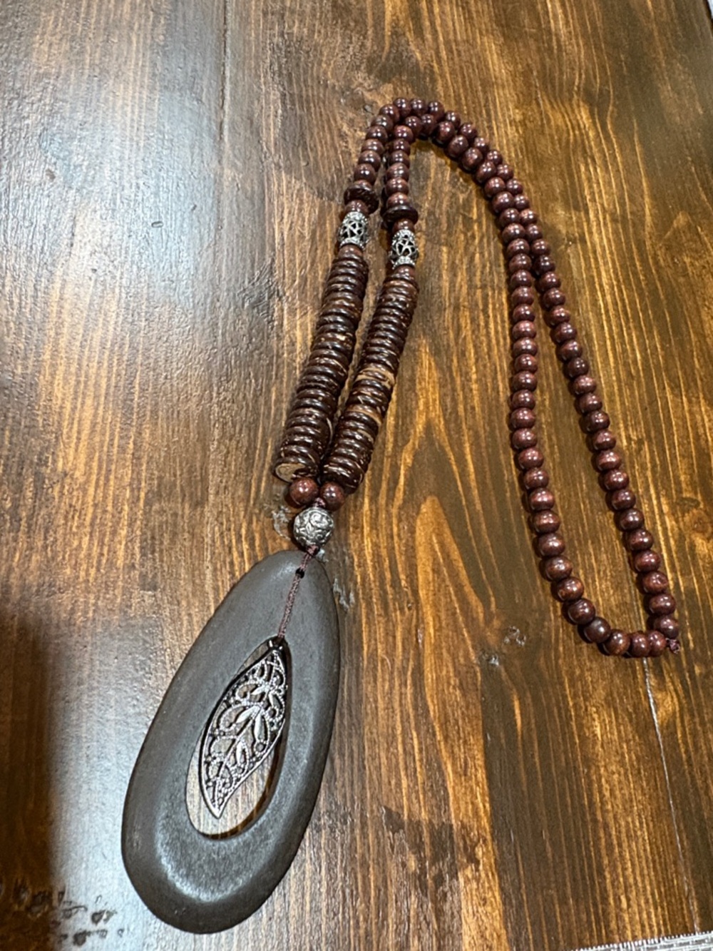 Boho Spiritual Wood & Metal Teardrop Pendant Necklace in Dark Brown